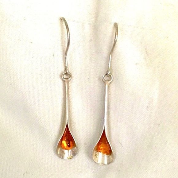 VINTAGE Sterling Silver Amber Drop Dangle Earrings - Picture 1 of 6